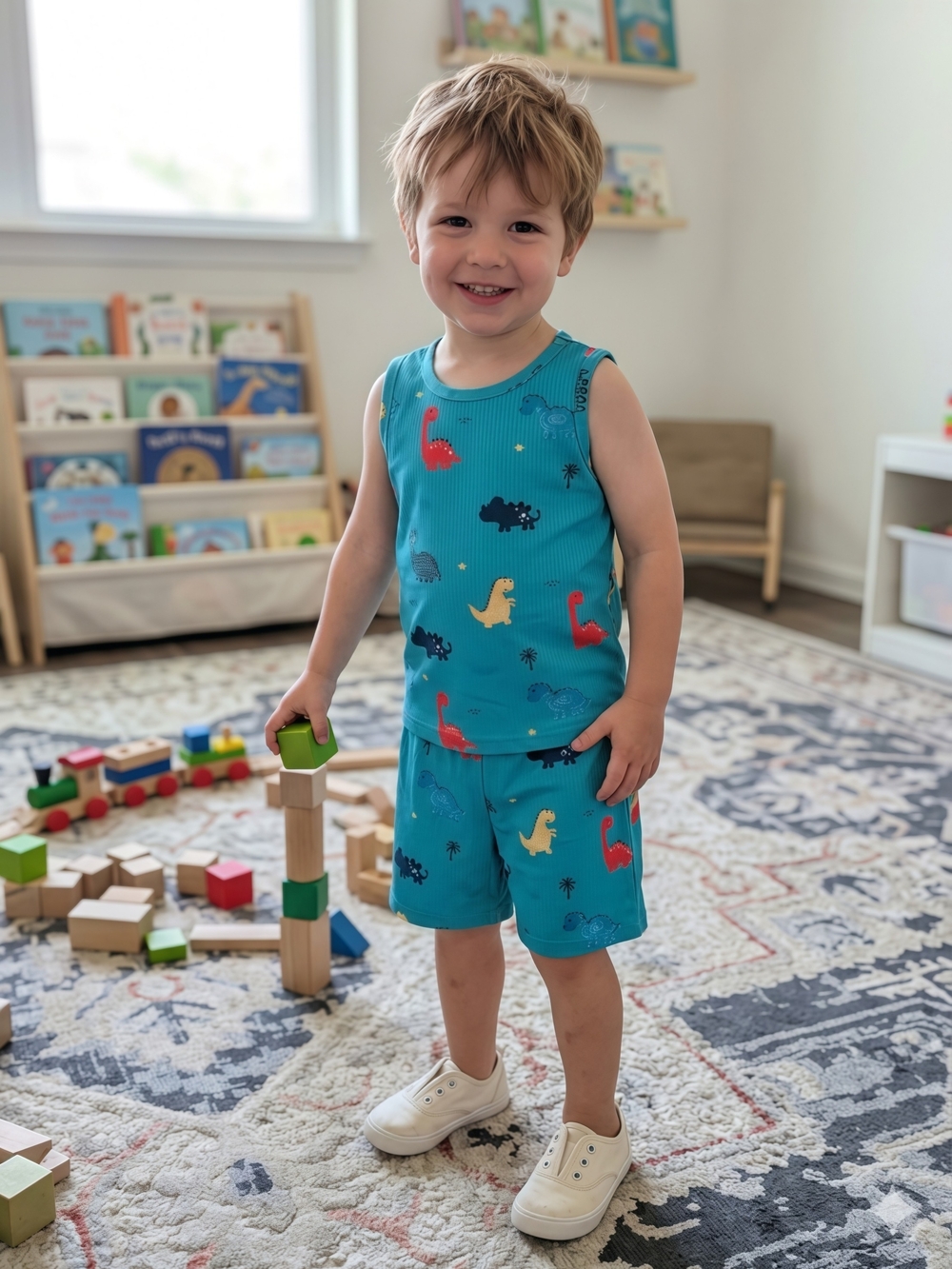 Blue Dino Print Toddler Boys' Tank Top and Shorts Set